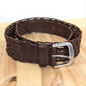 Vintage Wide Braided Brown Leather Belt with Nickel Buckle L